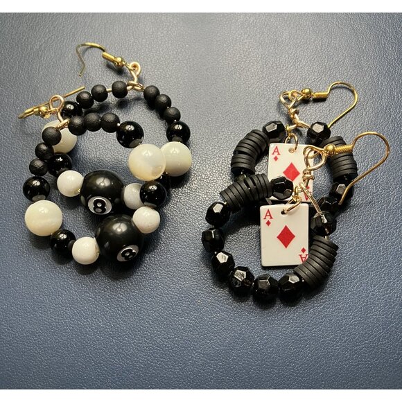 Beaded Dangle Black & White 8-Ball and Ace Card Earring Set 2 Pair Set - Picture 2 of 9